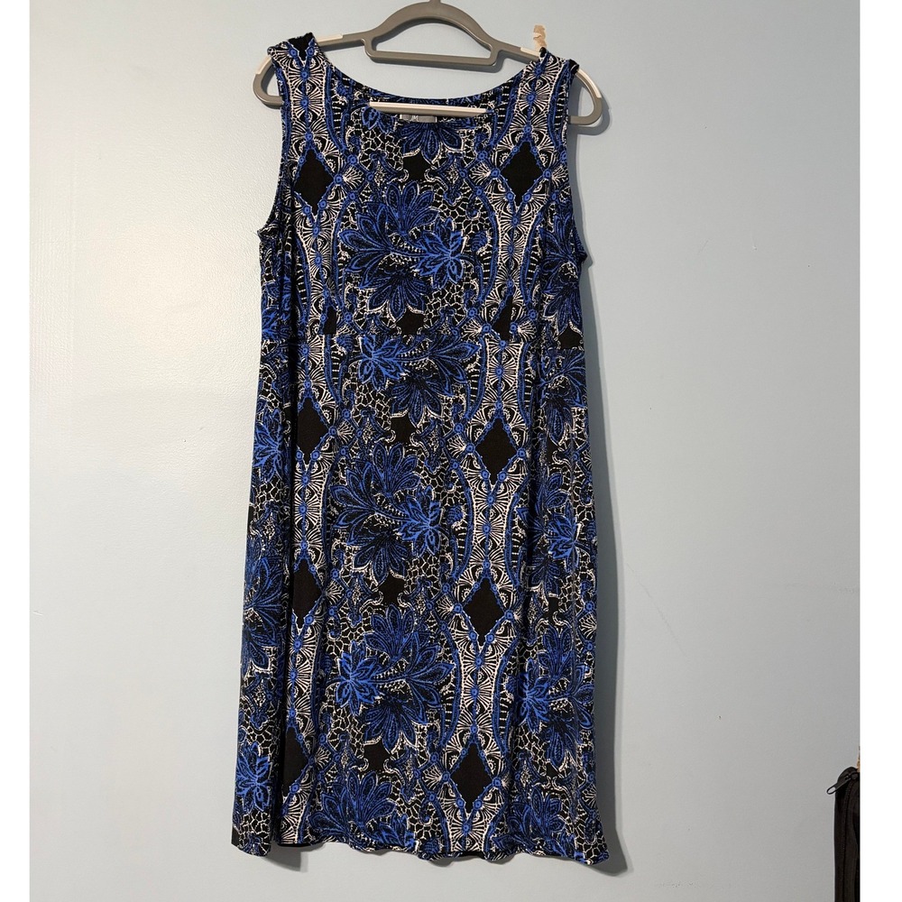 JM Collection Woman's 1X Blue Black Floral Damask Sleeveless Shift Dress 2294